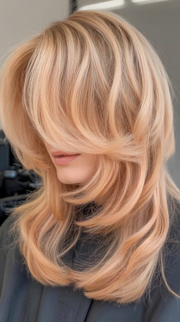 Curtain Bangs with Peachy Blonde Shag Layers