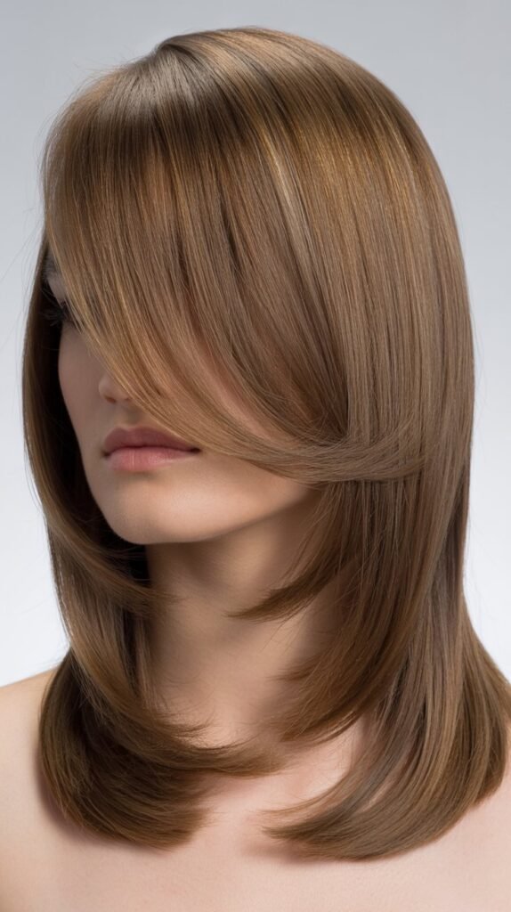 Layered Cut with Deep Side Part and Long Angled Bangs