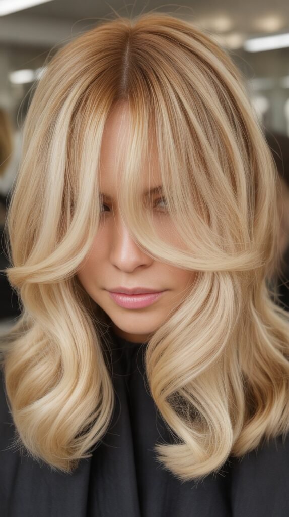 Blonde with Curtain Bangs and Face-Framing Money Pieces