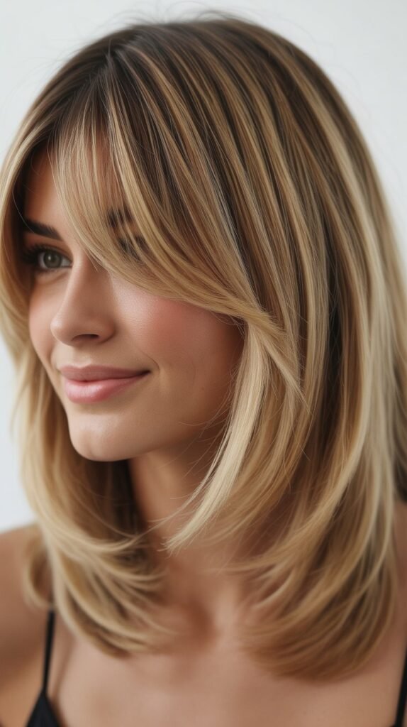 Curtain Bangs with Bronde Balayage Layers