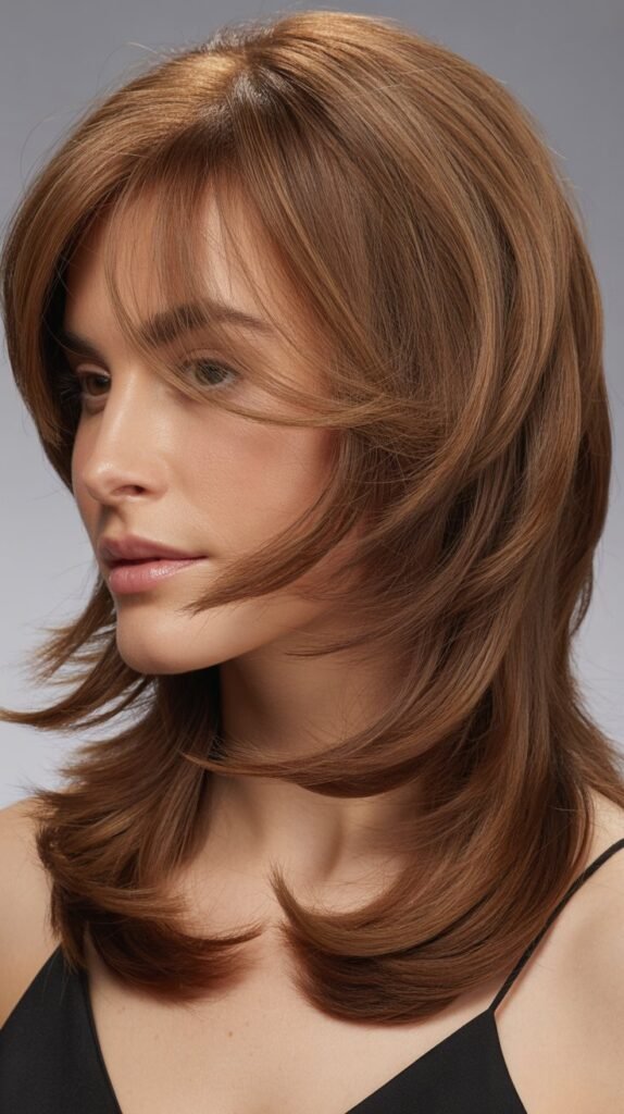 Graduated Layers with Wispy Curtain Bangs for Versatile Sophistication