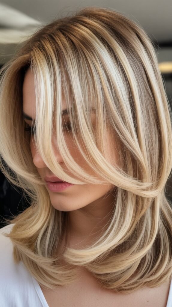 Dimensional Blonde with Long Curtain Bangs