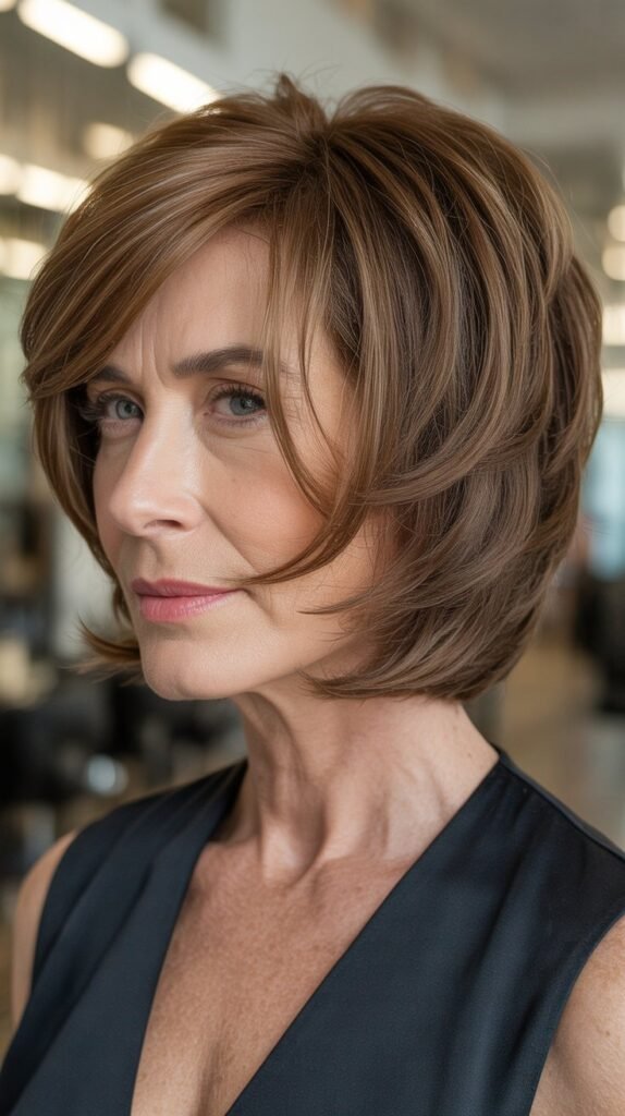 Textured Bob with Heavy Side-Swept Bangs for Drama