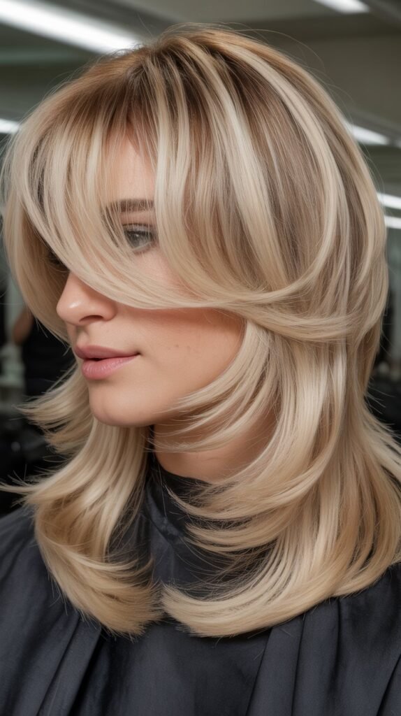  Asymmetrical Bangs with Pearl Blonde Thinned Layers