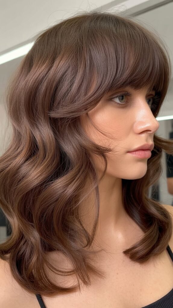 Textured Midi Cut with Wispy Bangs for Heart-Shaped Faces