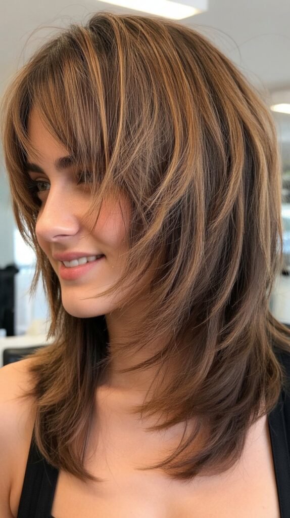 Medium Layers with Piece-y Bangs