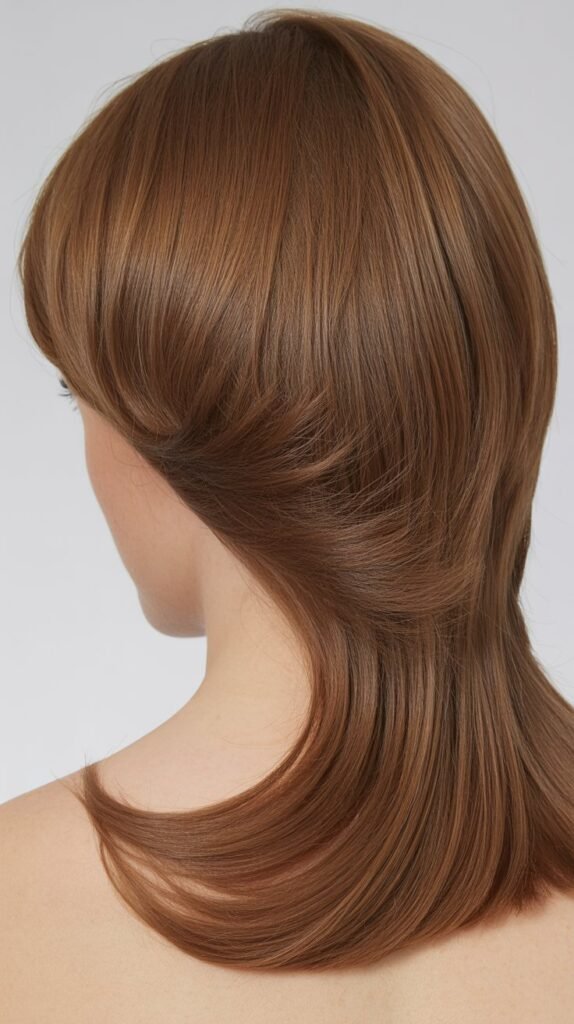 U-Shaped Cut with Layered Crown and Swooping Bangs