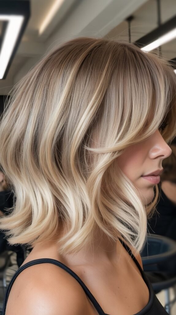 Wispy Side-Swept Bangs with Dimensional Blonde Bob