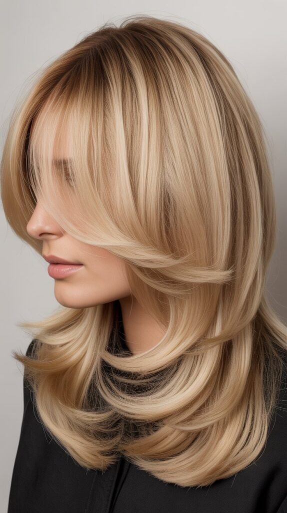 Vanilla Blonde Graduated Layers with Curtain Bangs