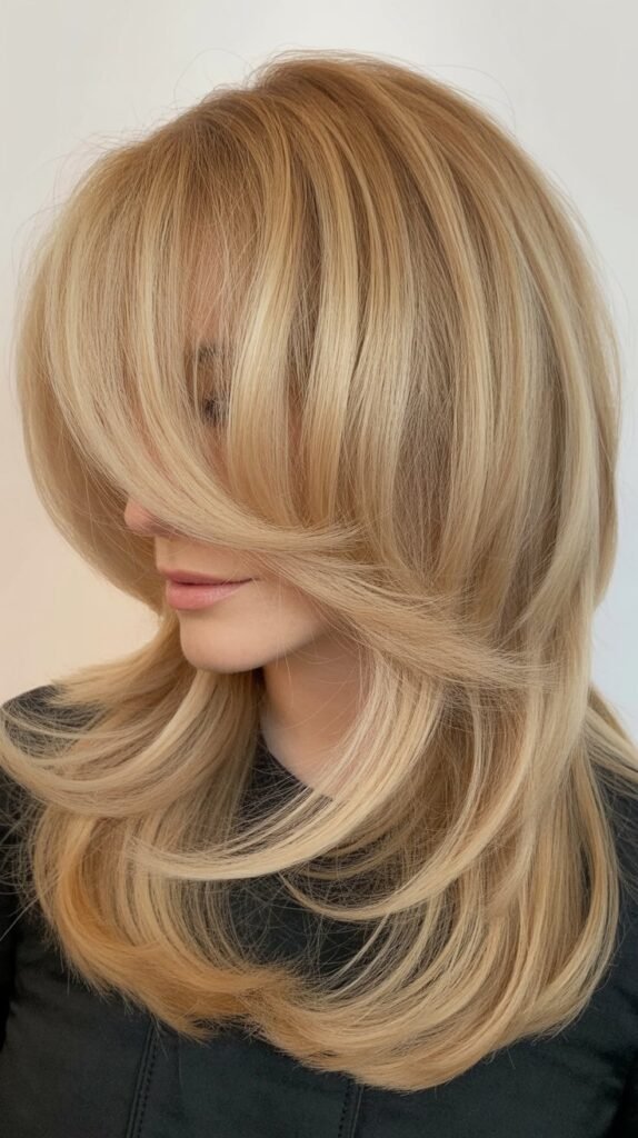 Wispy Side Bangs with Flaxen Blonde Long Layers