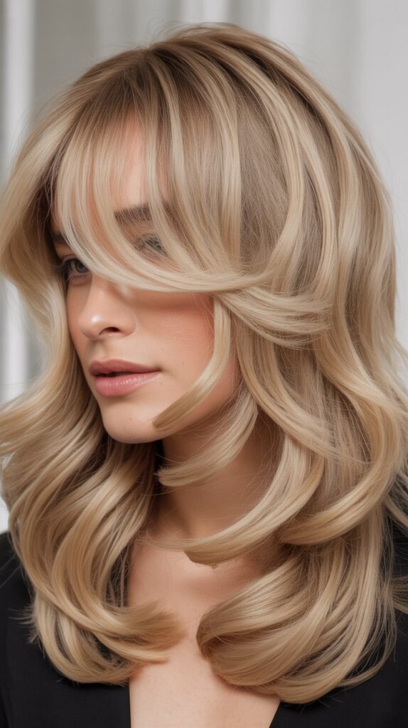 Pearl Blonde Wavy Layers with Soft Curtain Bangs