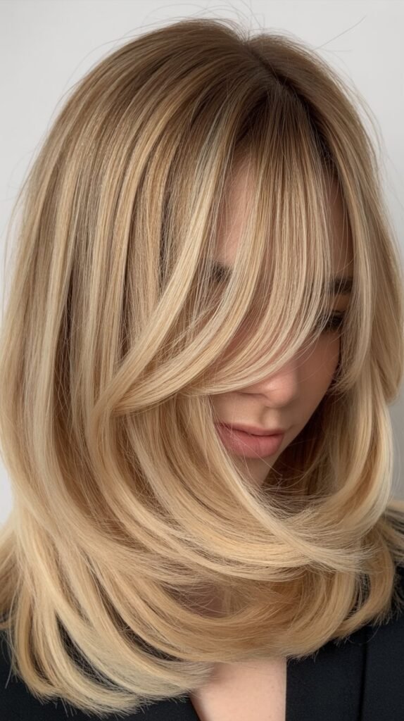 Blonde Shag with Curtain Bangs and Highlights