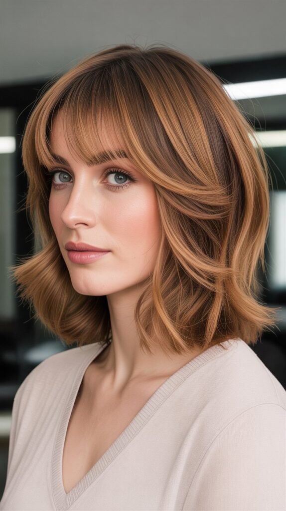 27 Face-Slimming Medium-Length Layered Hairstyles with Bangs for Round Faces
