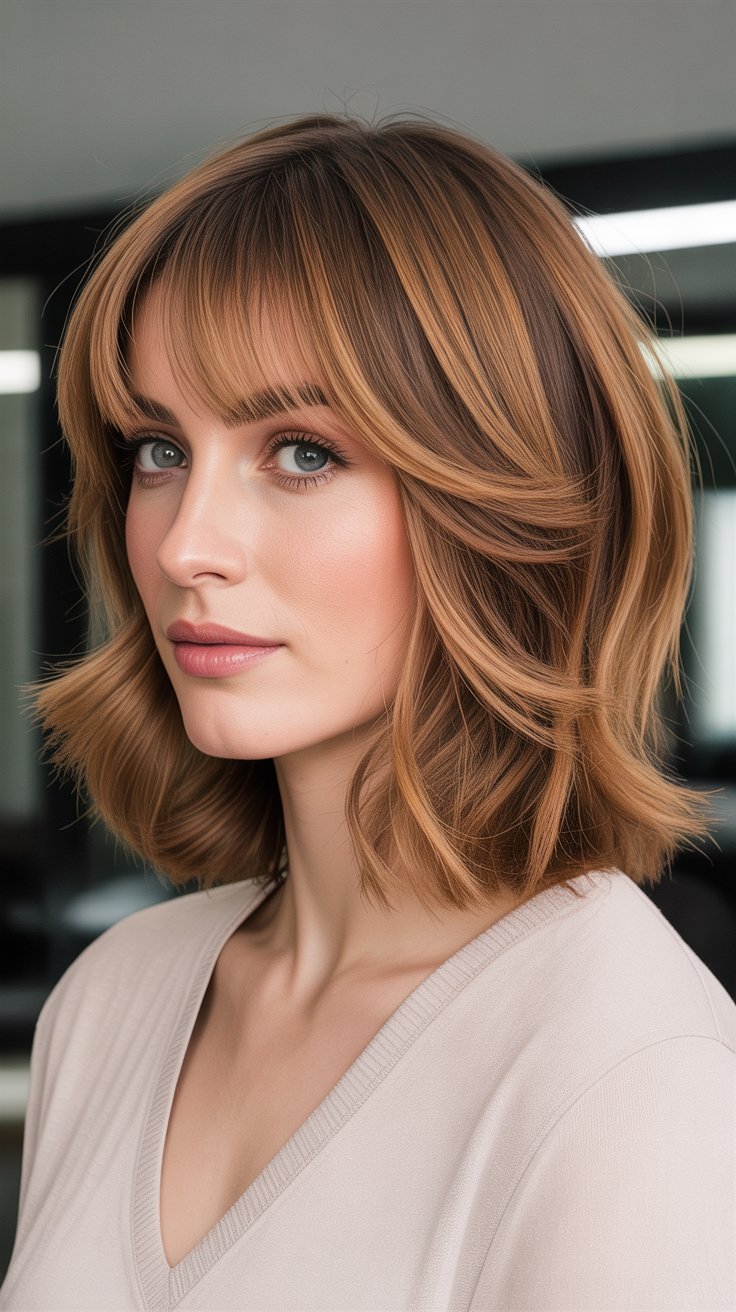27 Face-Slimming Medium-Length Layered Hairstyles with Bangs for Round Faces