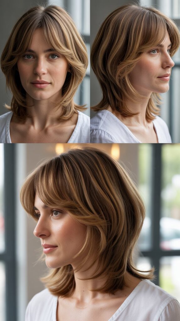 42 Medium Haircuts With Bangs for Thin Hair That Add Volume 19 Layered Collarbone Cut With Curtain Bangs