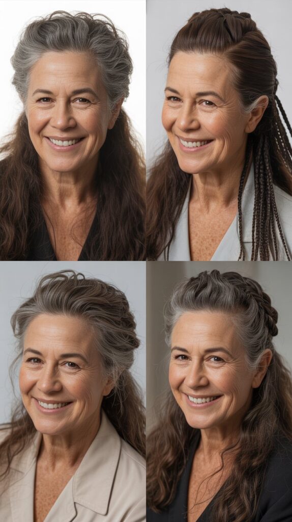 36 Youthful Sassy Long Hairstyles for Older Women That Still Feel Fresh 36 Long Hair with Half-Up Styling