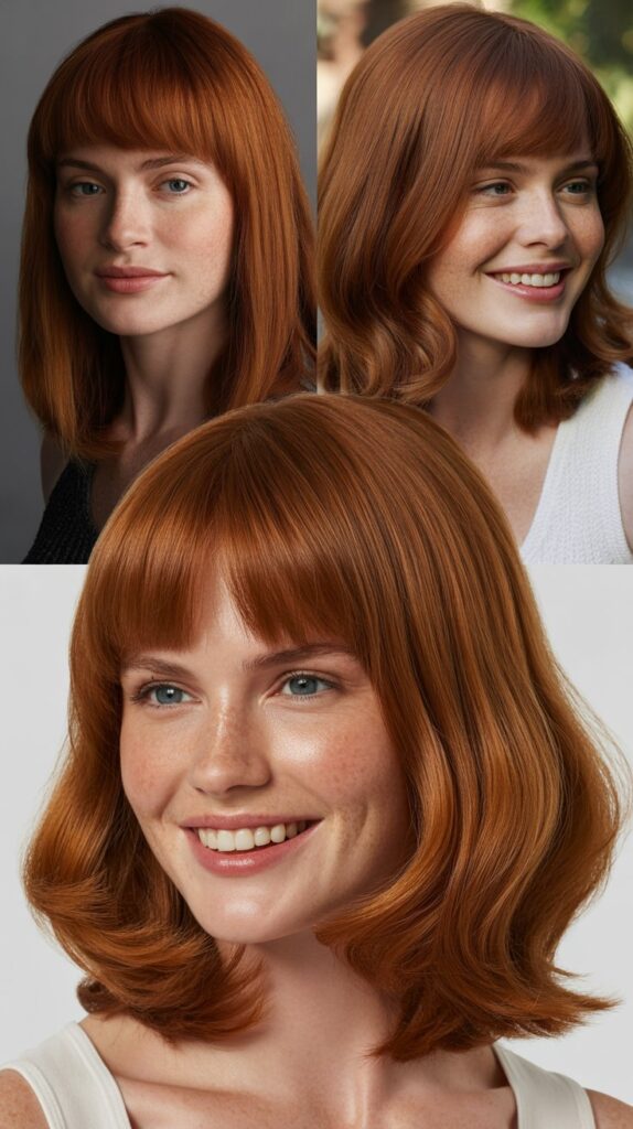 Auburn Medium Hair with Curtain Bangs