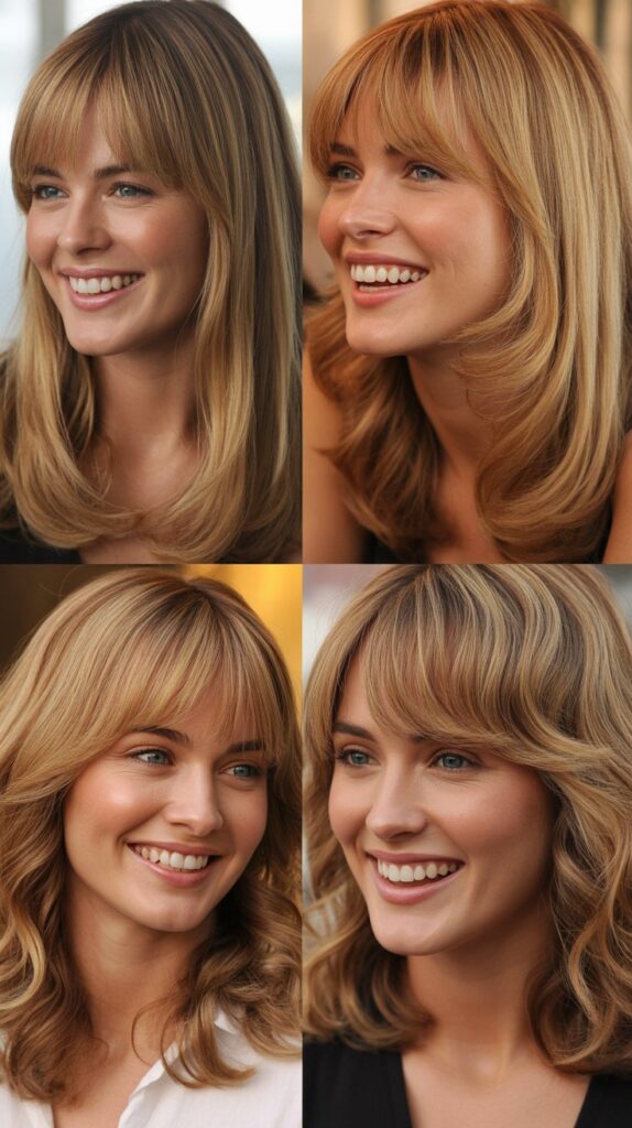 Honey Blonde Highlights with Curtain Bangs