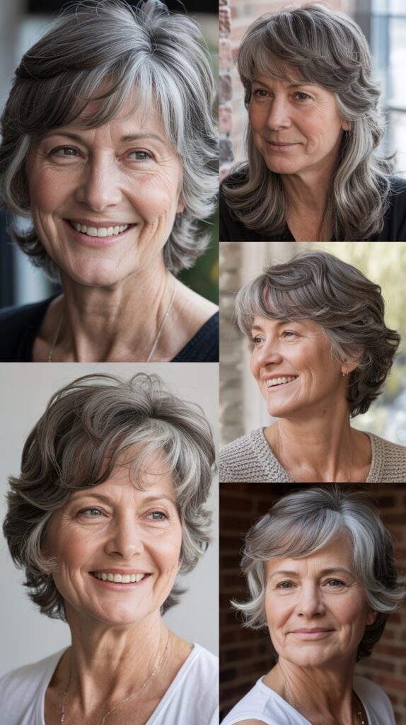 27 Must-Try Hairstyles for Women Over 60 with Fine Medium-Length Straight Hair 8 Layered Cut with Wispy Bangs