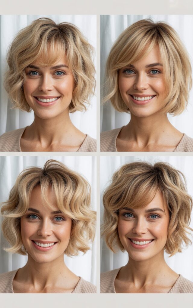 Sandy Blonde Shaggy Bob with Side Swept Bangs