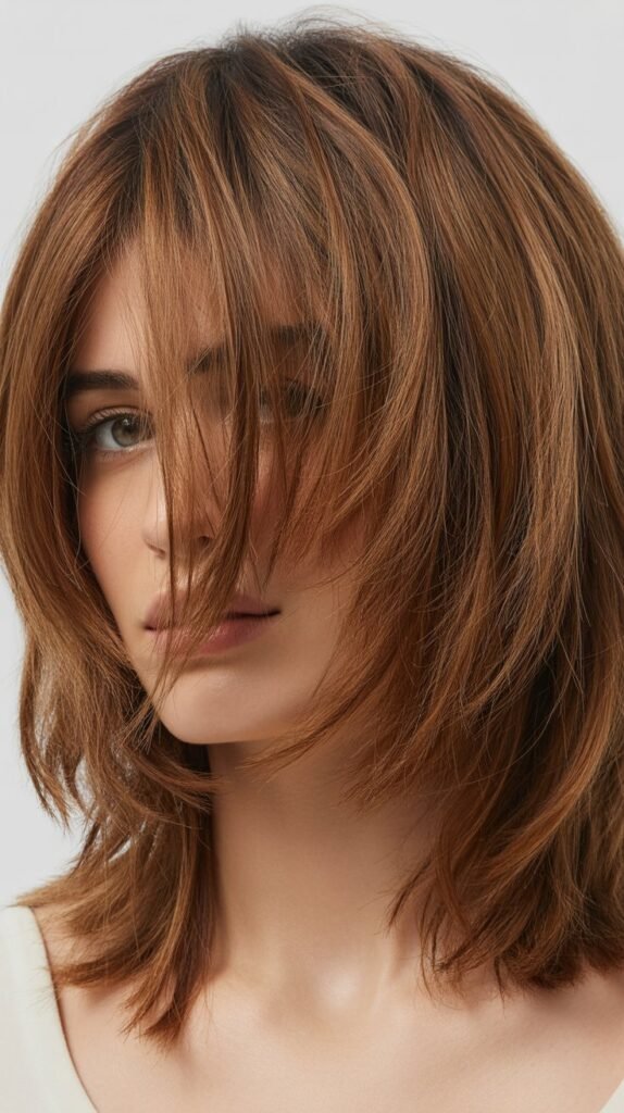 Shoulder-Length Shag With Side-Swept Fringe