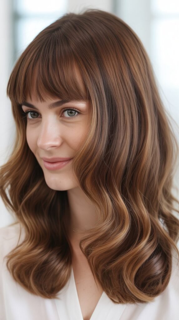 Curtain Bangs with Shoulder-Length Waves