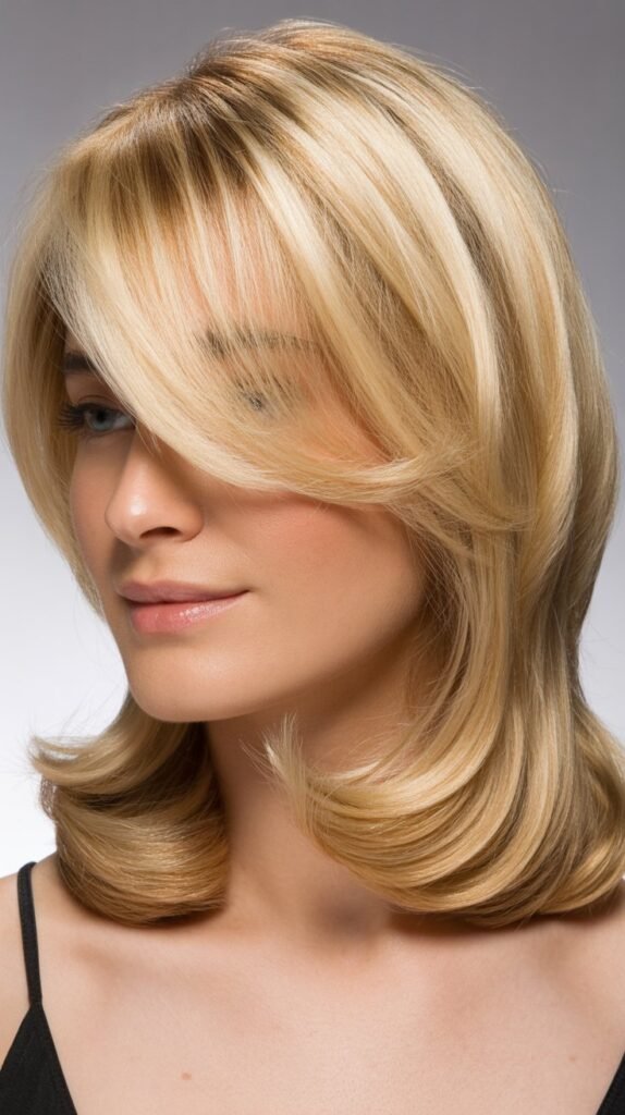 Medium-Length Blonde Hair with Side Bangs and Flipped Ends