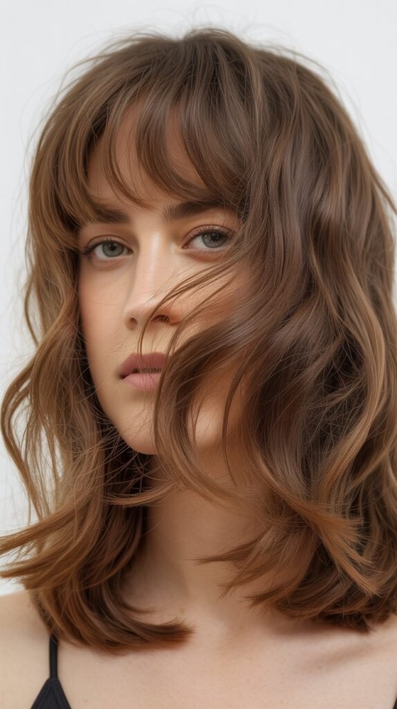 Tousled Medium Cut with Brow-Skimming Bangs