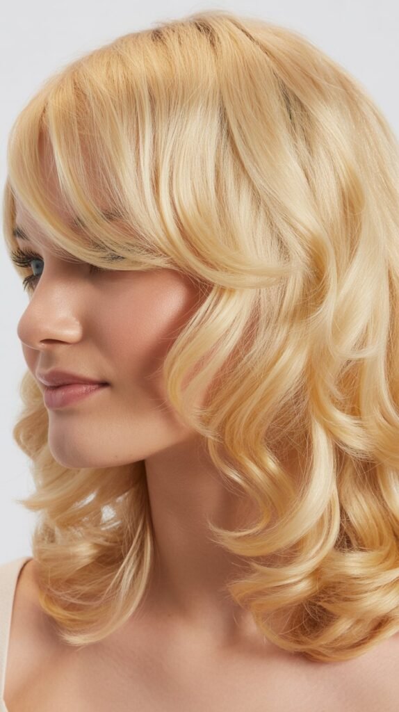 Medium-Length Blonde Hair with Side Bangs and Soft Curls