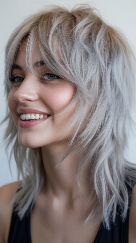 Choppy Shag Bangs with Icy Platinum Layers