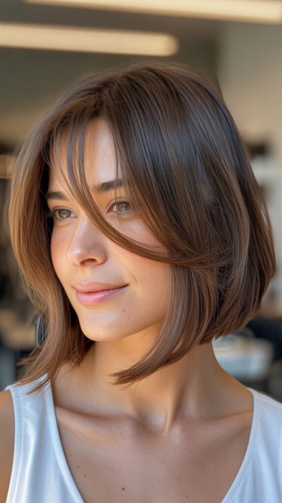 Asymmetrical Lob with Side-Swept Bangs