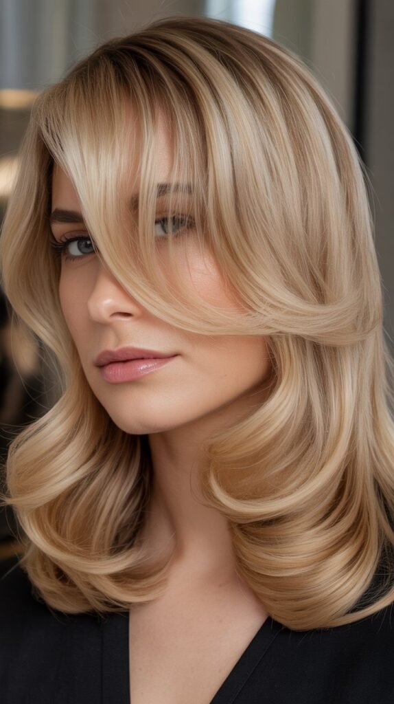 Medium-Length Blonde Hair with Side Bangs and Face-Framing Highlights
