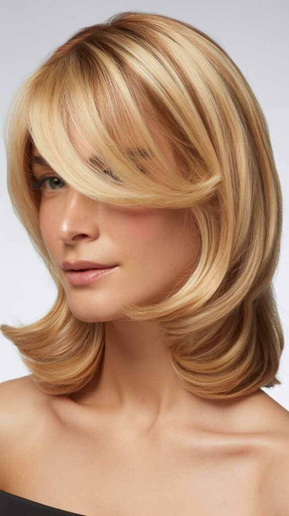 Medium-Length Blonde Hair with Side Bangs and Highlights at the Temples