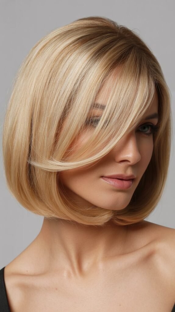 Classic Medium-Length Blonde Bob with Swept Side Bangs