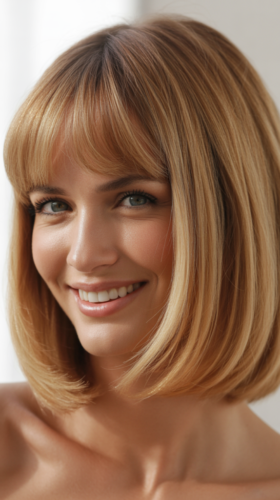 Curved Bangs with Rounded Blonde Bob