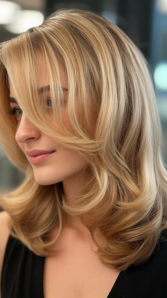 Medium-Length Blonde Hair with Side Bangs and Lowlights