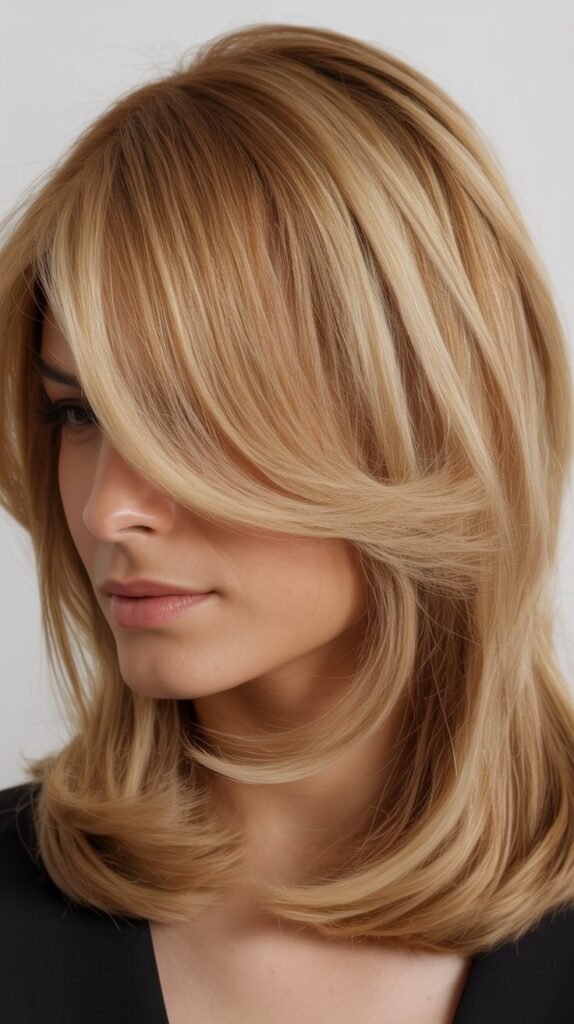 Medium-Length Sandy Blonde Hair with Side Bangs