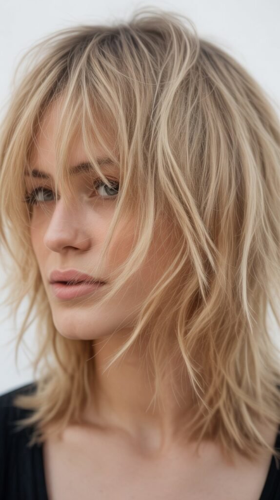 Messy Blonde Lob with Piecey Bangs