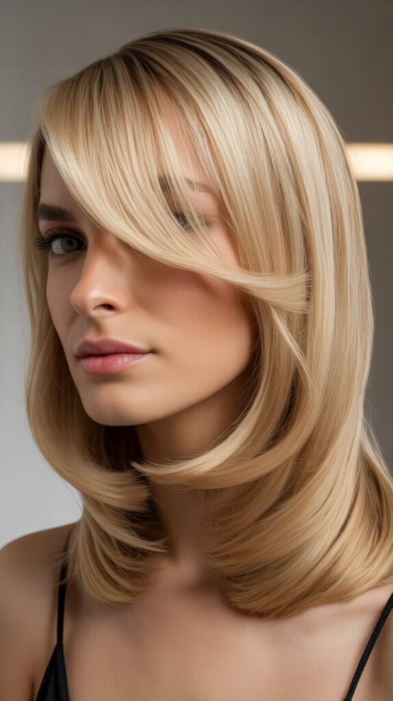 Sleek Medium Blonde Hair with Blunt Side-Swept Bangs