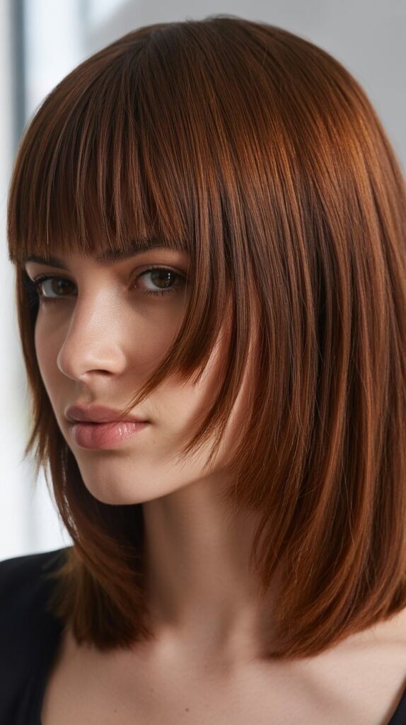 Collarbone-Grazing Cut with Asymmetric Bangs