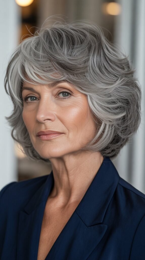 Textured Gray Bob with Side-Swept Bangs