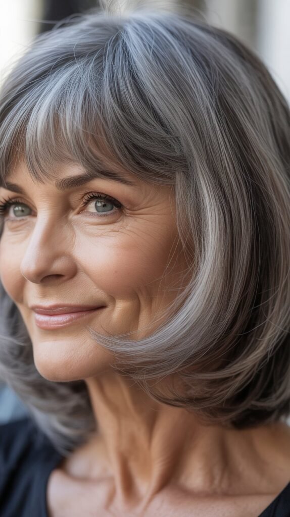 Layered Gray Bob with Curved Bangs