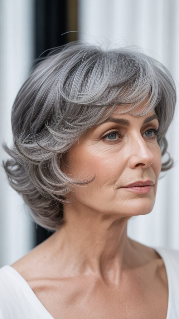 Stacked Gray Bob with Volume at Crown