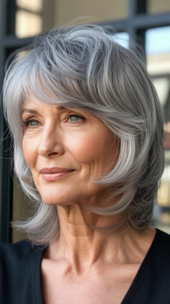 Feathered Gray Shag with Curtain Bangs