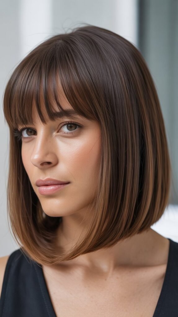 Sleek Straight Bob with Blunt Bangs Swept Aside