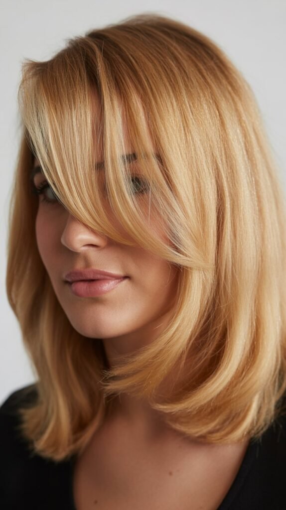 Medium-Length Champagne Blonde Hair with Angled Side Bangs