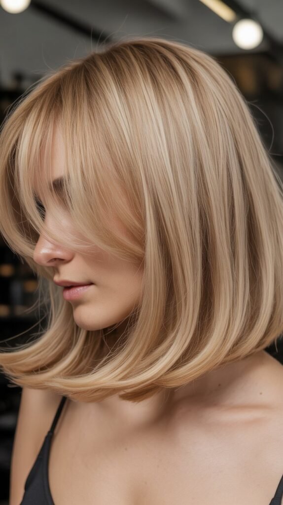 Flaxen Blonde Graduated Bob with Curtain Bangs