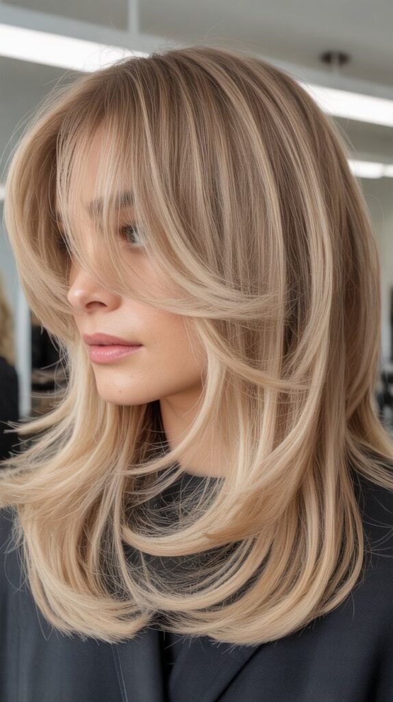 Beige Blonde Razor-Cut Layers with Wispy Curtain Bangs