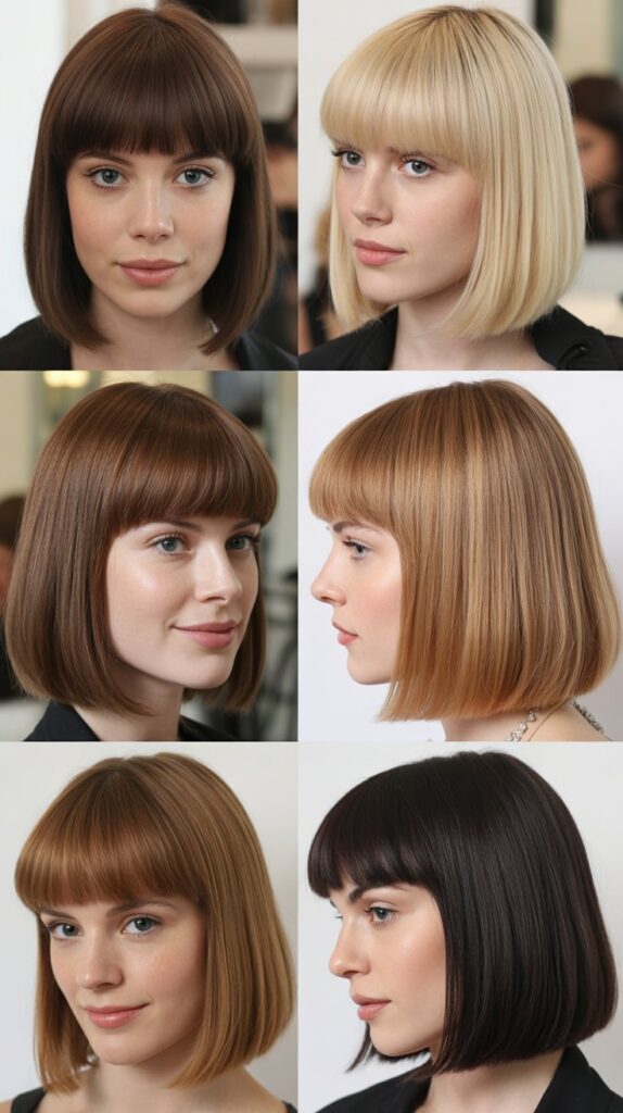 56 Medium-Length Hairstyles With Bangs for a Trendy Look 1 Classic Blunt Bangs with Shoulder-Length Hair