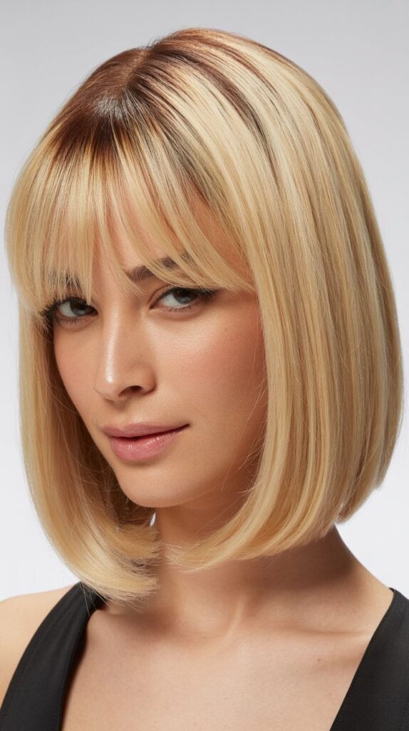 Blunt Cut Blonde with Full Curtain Bangs